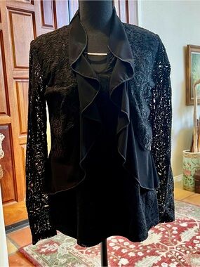 Libra Vintage Ruffled Black Long Sleeved Ladies Cardigan And Top Size SP 2 Piece